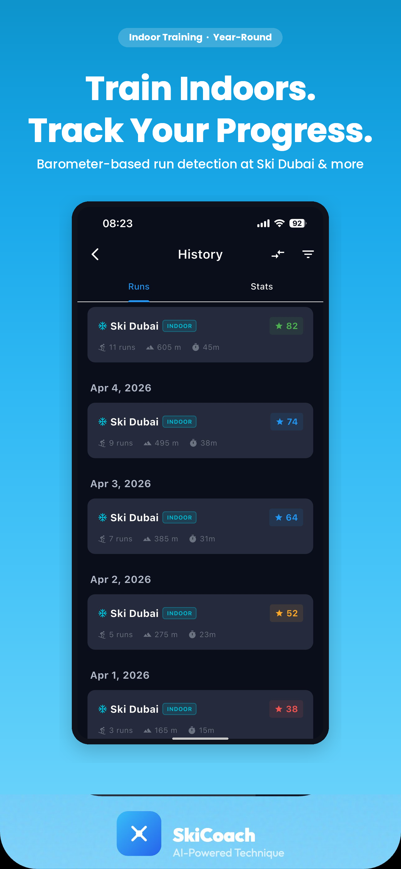 SkiCoach Indoor Mode - Ski Dubai sessions with INDOOR badge and score progression