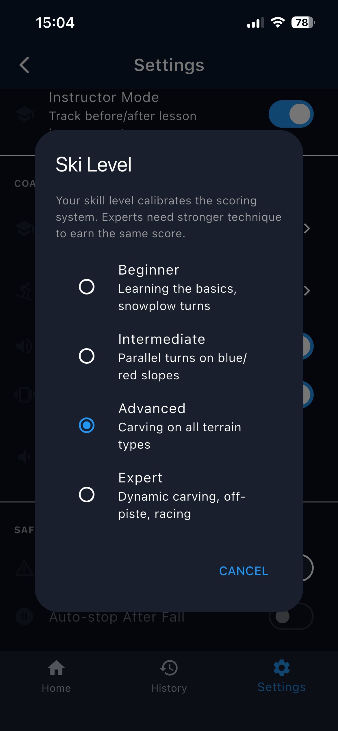 SkiCoach Ski Level picker showing Beginner, Intermediate, Advanced, Expert options