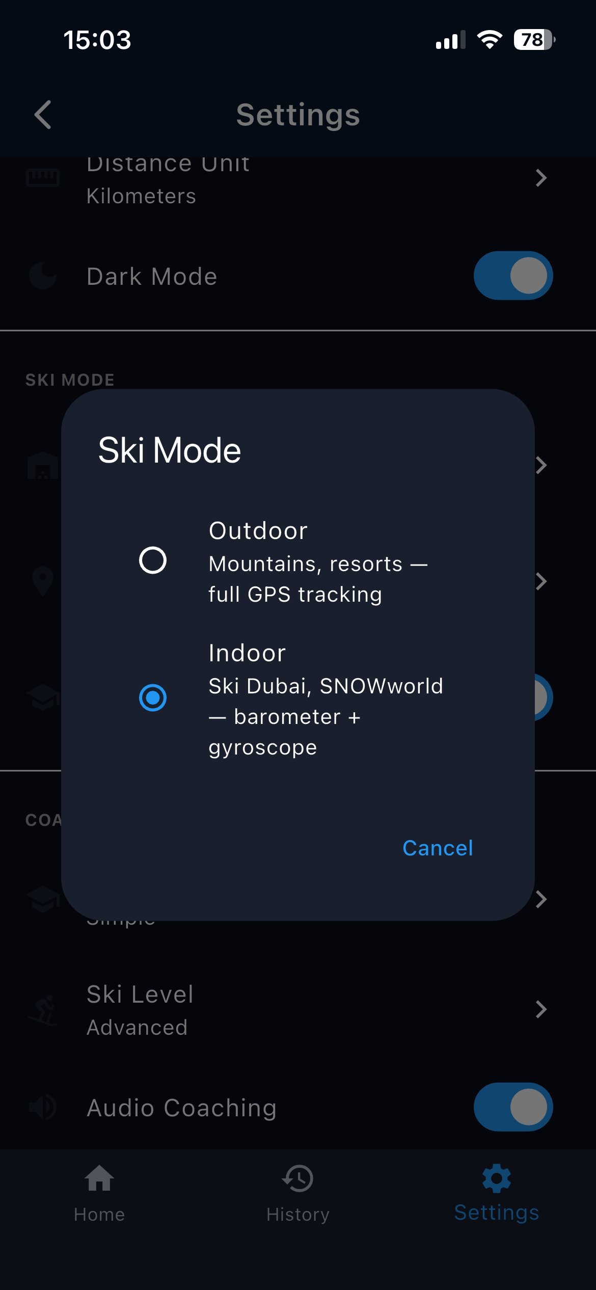 SkiCoach Ski Mode picker showing Outdoor and Indoor options